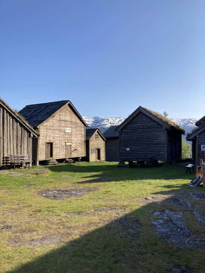 Edre solbrune hus, heller på tak, grønt gras i forgrunnen, blå himmel, fjell i det fjerne