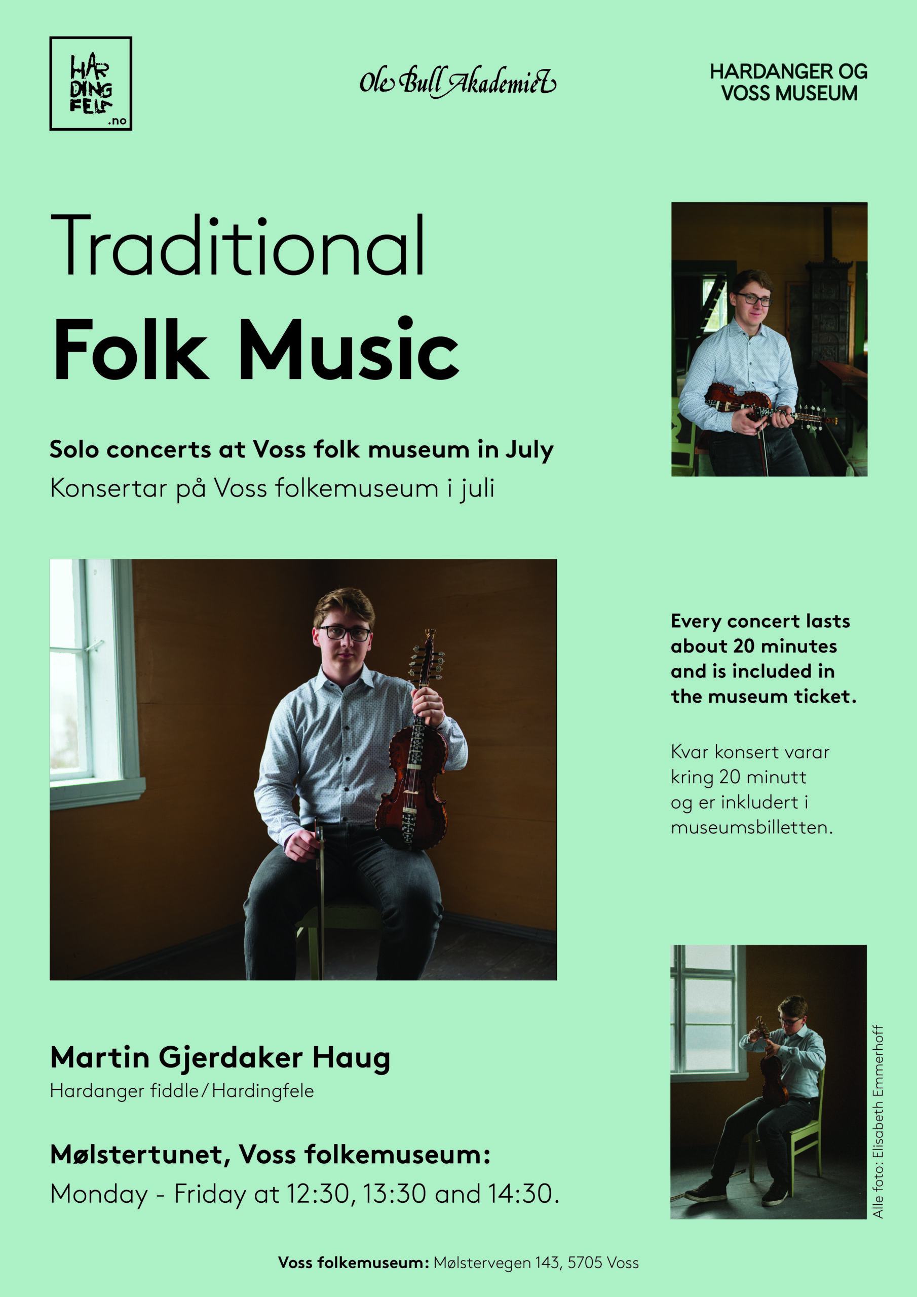 Folkemusikkonsert juli 2025_Hardanger fartøyvernsenter2 Concert poster shows a young Hardanger fiddle player sitting on a chair with the fiddle in his lap.