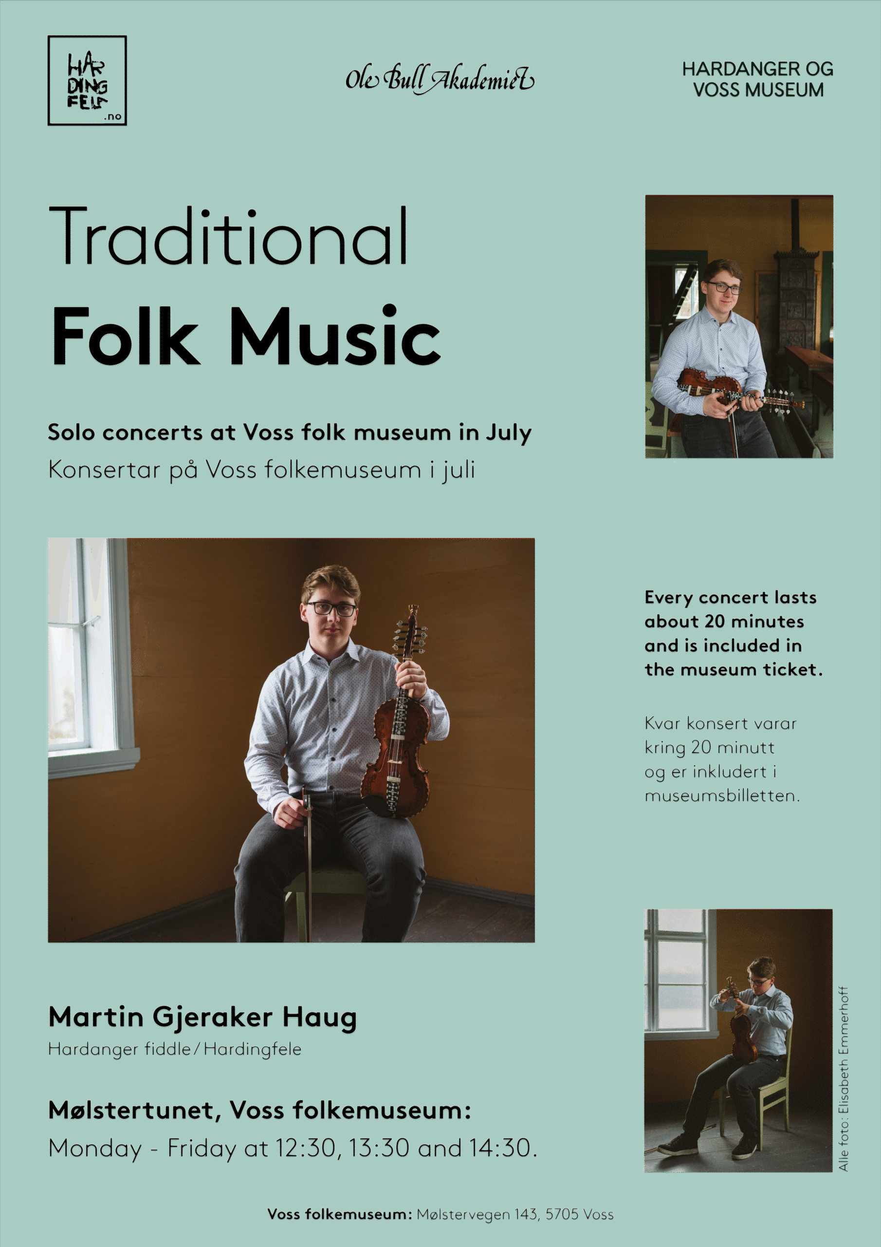 Folkemusikkonsert juli 2025_Voss folkemuseum KOnsertplakat med en ung hardingfele spiller som sitter på en stol med fela i fanget