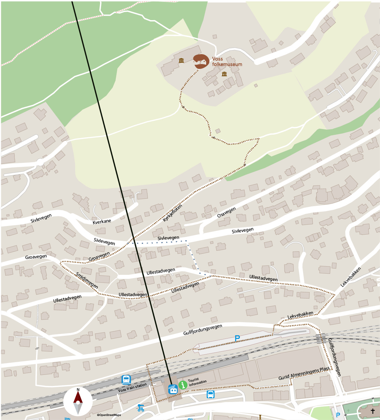 Kart over Vossevangen med vegbeskrivelse til Voss folkemuseum